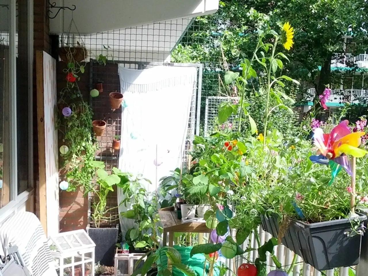 A serene garden oasis with a swimming pool, skillfully crafted by a family of six, blossoms in the...