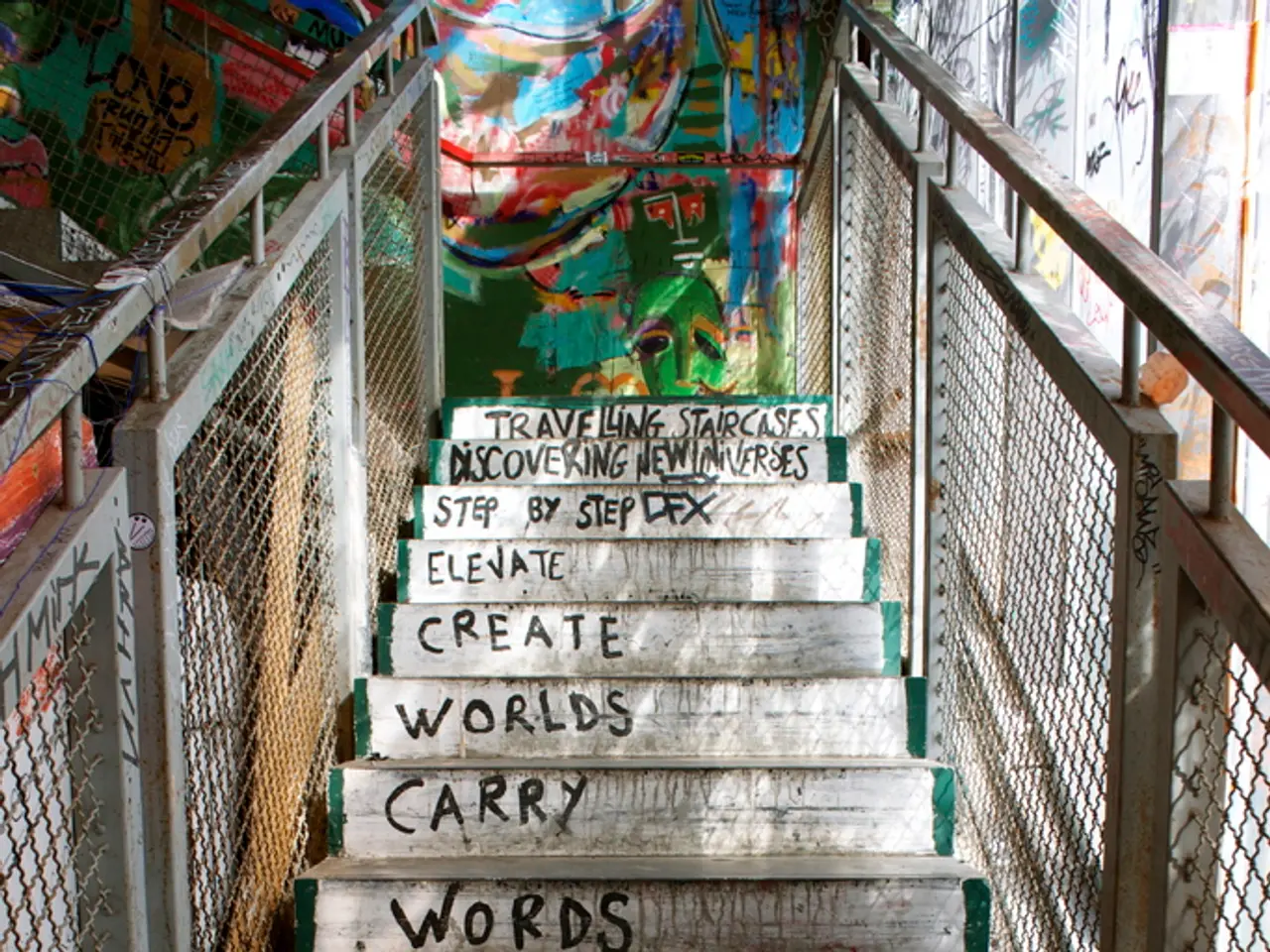In this image we can see a staircase with some text on it and metal railings on both sides. In the...