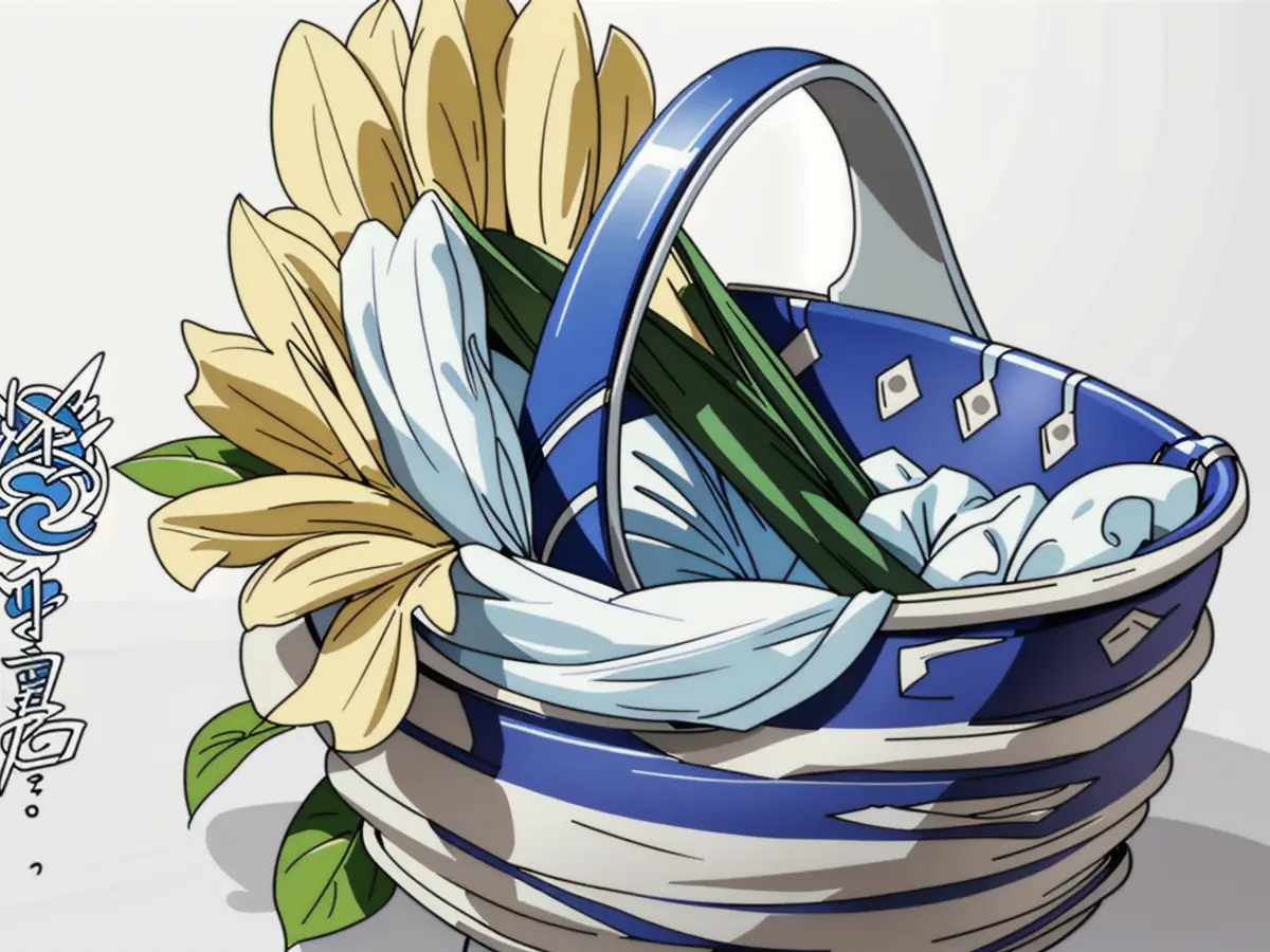Intricately patterned blue-hued ceramic container, adorned with delicately placed white floral arrangements within Blue-patterned ceramic basket showcasing finely crafted white floral designs on the interior