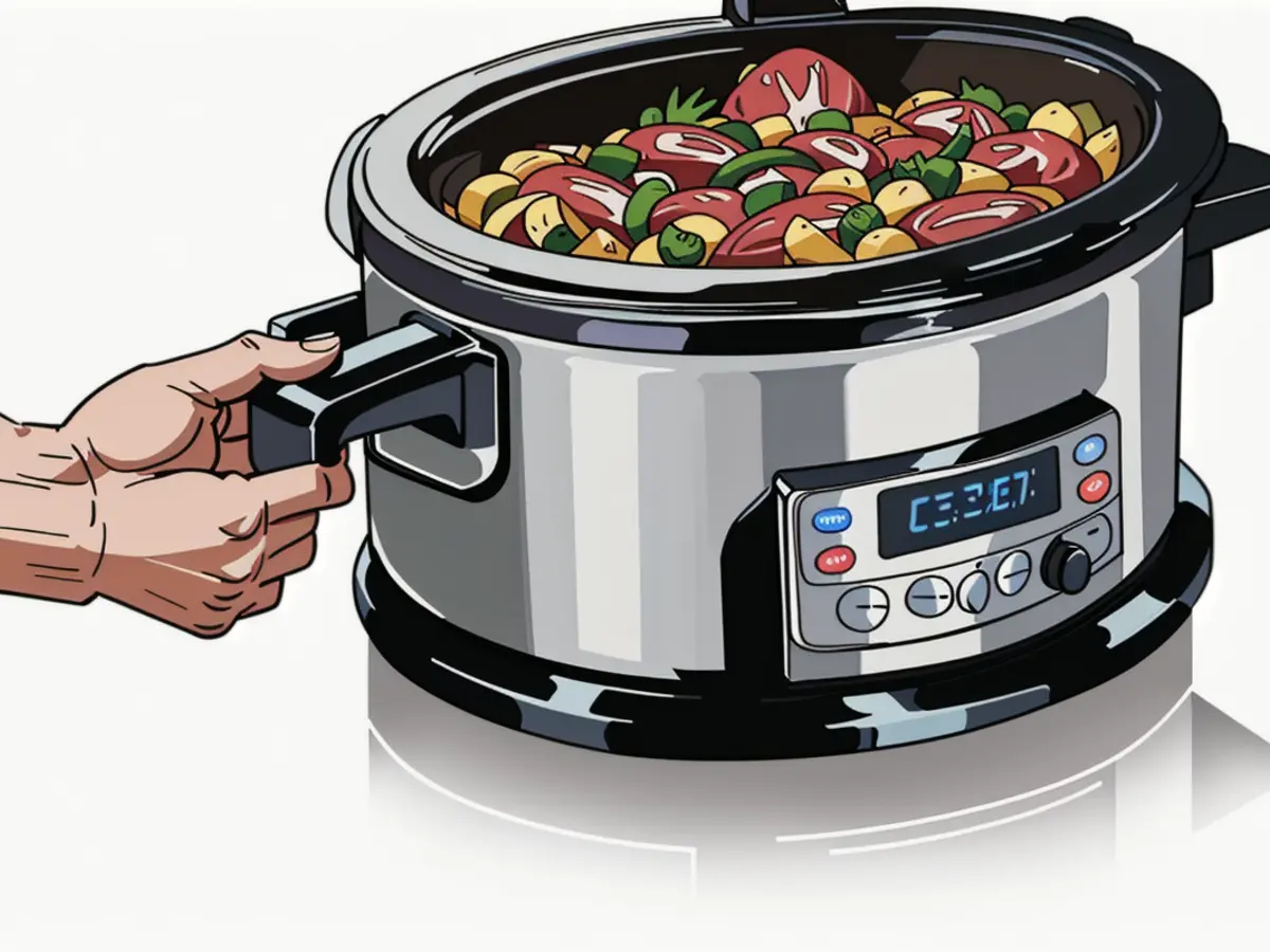 A person grasping a Hamilton Beach slow cooker brimming with meat and veggies, exhibiting the digital screen set to a 4-hour cooking duration. Slow cooker packed with meat and veggies by a hand, displaying 4-hour cooking duration on digital display (Hamilton Beach model)