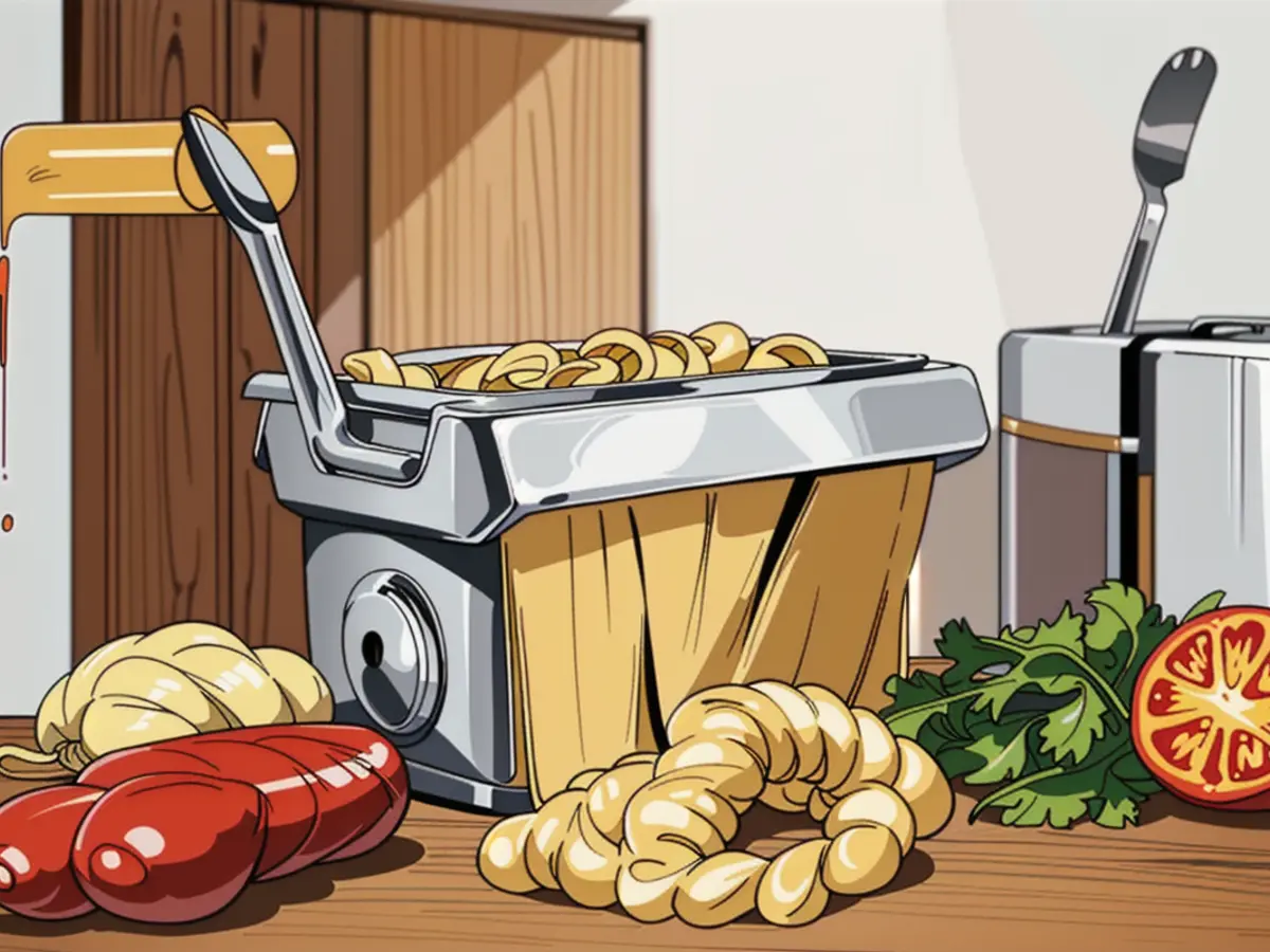 Wooden workstation featuring metal pasta maker, new pasta sheets, tomatoes, parsley, and assorted kitchen tools at close proximity. Countertop adorned with a metal pasta maker, accommodating fresh pasta sheets, alongside tomatoes, parsley, and assorted kitchen tools.
