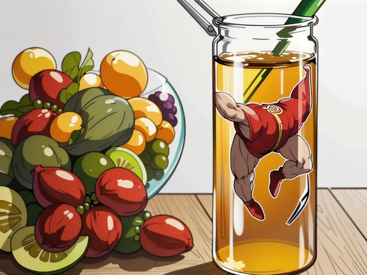 Vinegar and oil dispenser molded like grapes, positioned amidst a variety of fresh vegetables, suggesting salad dressing preparation setting. Container designed with two compartments for oil and vinegar, resembling bunches of grapes; assorted vegetables visible for salad dressing preparation.