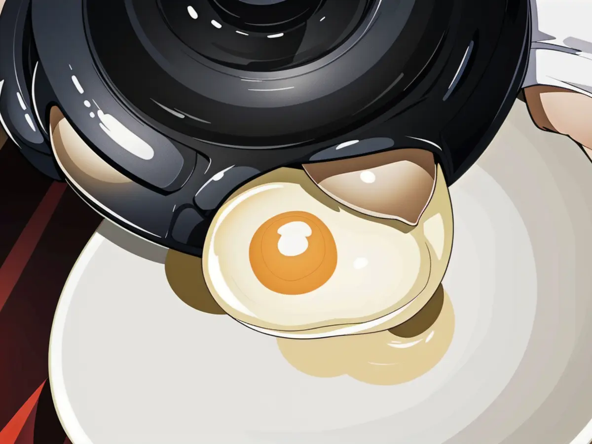Easy food release demonstrated with a well-cooked sunny-side-up egg on a white plate using a non-stick pan for hassle-free kitchen convenience. Effortlessly transferring a flawlessly cooked sunny-side-up egg from a nonstick pan to a white plate, demonstrating the convenient food release in the kitchen.