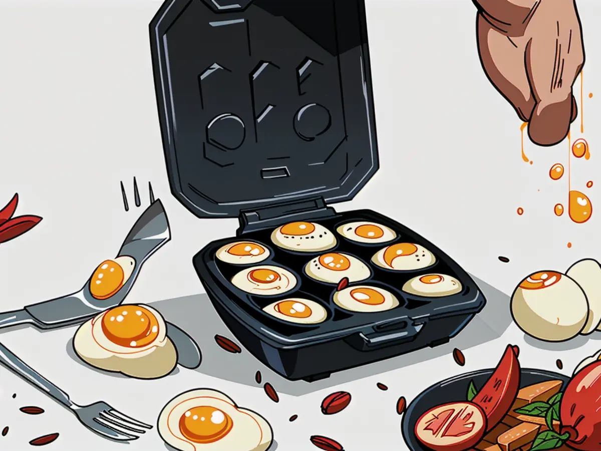 Countertop displaying an egg bite maker, cooked egg bites, a coffee cup, juice glass, various eggs, peppers, and nearby kitchen utensils Countertop featuring an egg bite maker, cooked egg bites, coffee, juice, assorted eggs, peppers, and nearby utensils