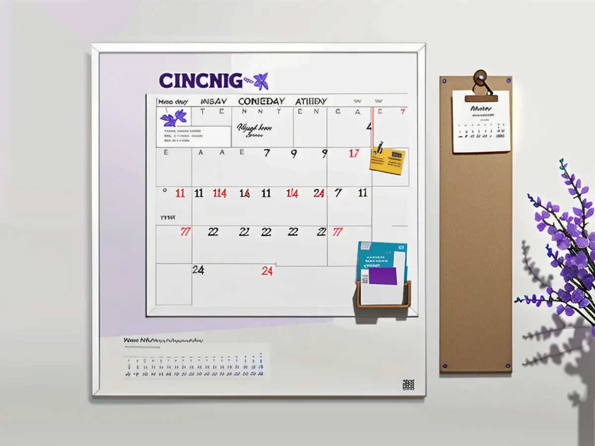 Calendar with marked dates, jotting area, and floral image, along with a nearby Homedecor style vase containing lilac blooms. Calendar and bulletin board displaying dates, reminders, and a floral photograph. A bouquet of lilac flowers arranged in a vase close by.