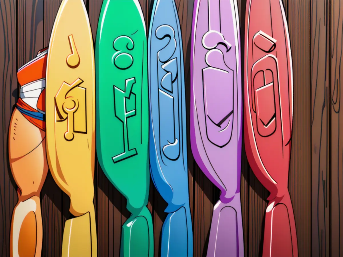 Five Cuisinart knives with distinct handle colors, each accompanied by its respective blade cover, arrange neatly on a wooden surface. Five colorful Cuisinart knives, each with its specific handle tone, accompanied by coordinating blade covers, aesthetically arranged on a wooden surface.