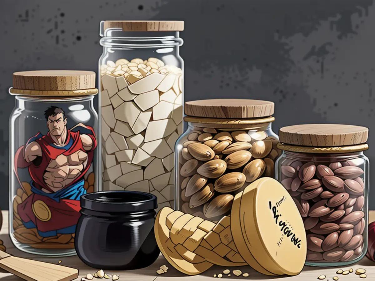 Wooden-lidded glass containers organize an array of dried commodities such as flour, nuts, oats, and legumes on a kitchen workspace. Wooden-lidded glass containers store assorted dried pantry items, such as flour, nuts, oats, and beans, strategically placed on a kitchen countertop.