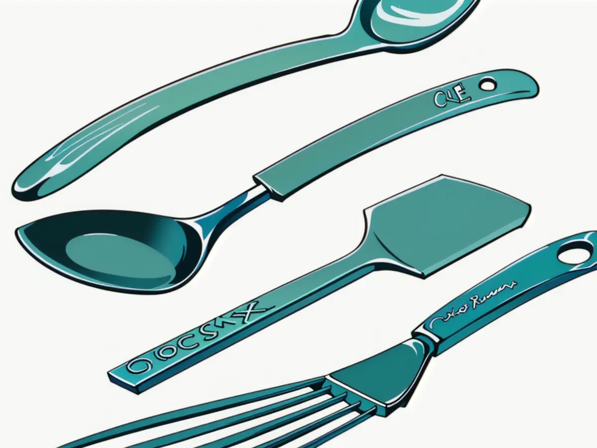 Kitchen Essentials Organized in a Flat Layout: Slotted Spoon, Solid Spoon, Spatula, and Slotted Spatula, Predominantly Crafted from Plastic. Plastic-crafted culinary tools: a slotted spoon, a solid spoon, a spatula, and a slotted spatula, neatly displayed in a flat arrangement.