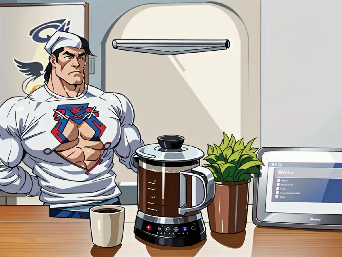 Coffee maker with a stainless steel exterior placed on a wooden counter, accompanied by a tablet and a rack filled with white cups. Stainless steel Smeg coffee maker adorns a wooden counter, sharing space with a tablet and a rack filled with white mugs.
