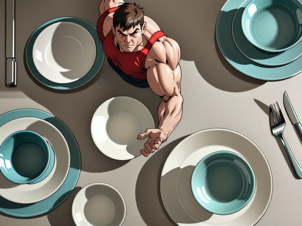 Modern Minimalist Dinnerware Arrangement on a Table: Displays of Plates, Bowls, and Mugs in Contemporary, Sleek Design, Suitable for Meals or Decorative Purposes Breathtaking perspective of a trendy dinnerware assortment gracing a table, highlighted by contemporary minimalist plates, bowls, and mugs, perfect for dining or aesthetic purposes.