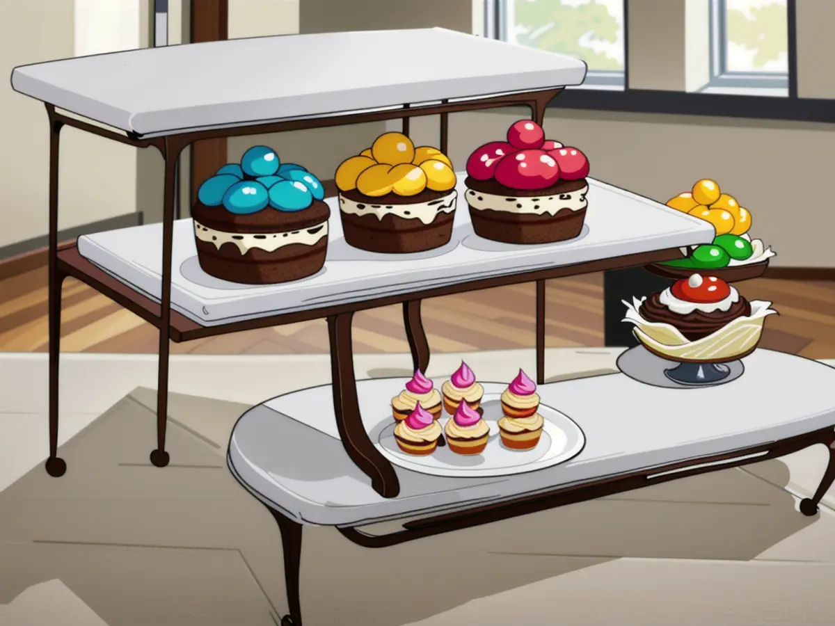 Modern kitchen displays a tiered dessert stand elegantly holding three frosting-swirled cupcakes and cake slices in a contemporary fashion. Modern culinary display: Tiered dessert stand boasts three frosting-swirled cupcakes and cake slices in a contemporary kitchen space.