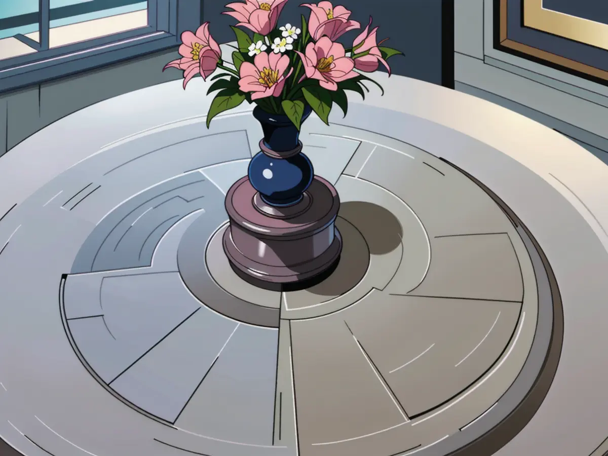 Table fashioned from marble, showcasing a compact black vase adorned with vibrant pink blooms at its center Circular marble table adorned with a compact black vase filled with vibrant pink blooms at its center