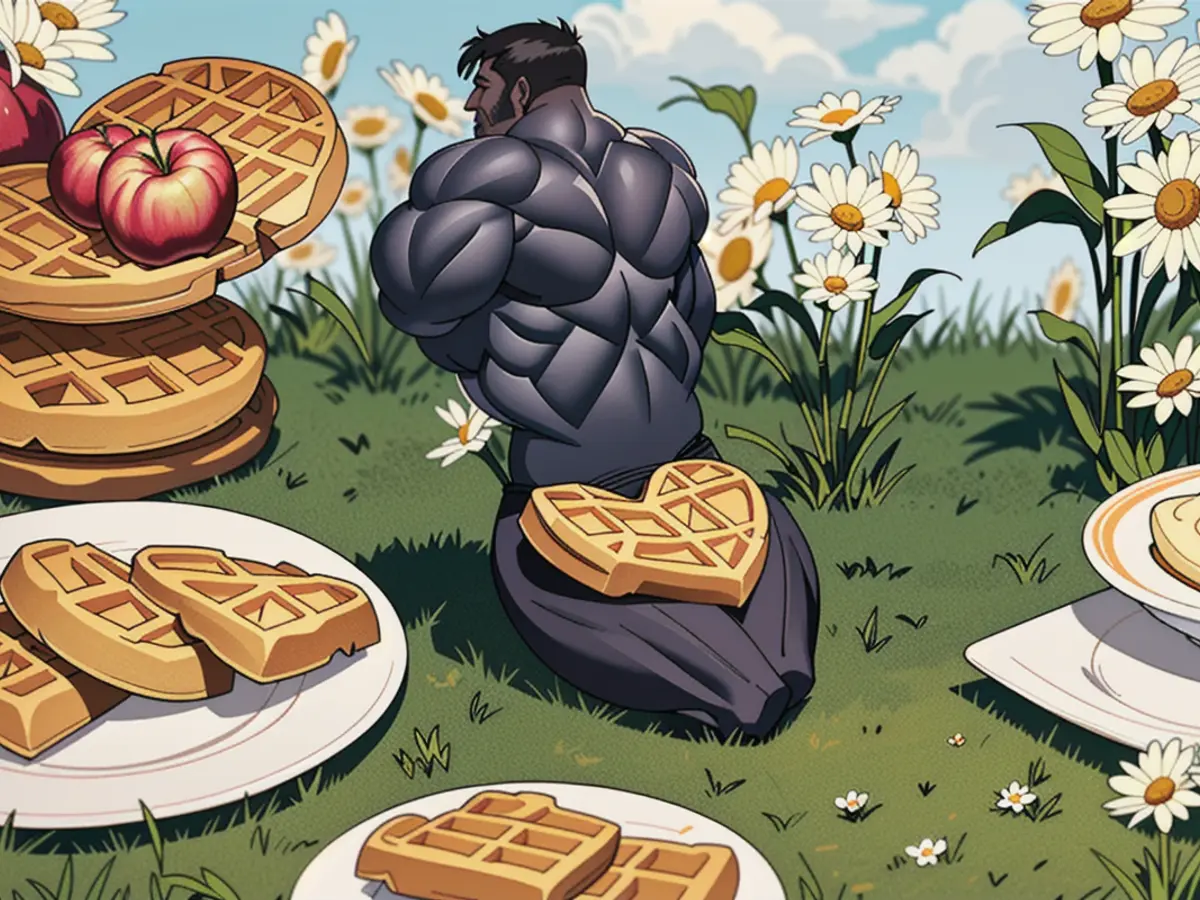 Waffle maker molding a heart-shaped waffle, positioned amidst various waffles, apples, and daisies, on a lush, green background. Waffle maker molding a heart-shaped waffle amidst a spread of additional waffles, apples, and daisies on a green, leafy backdrop.