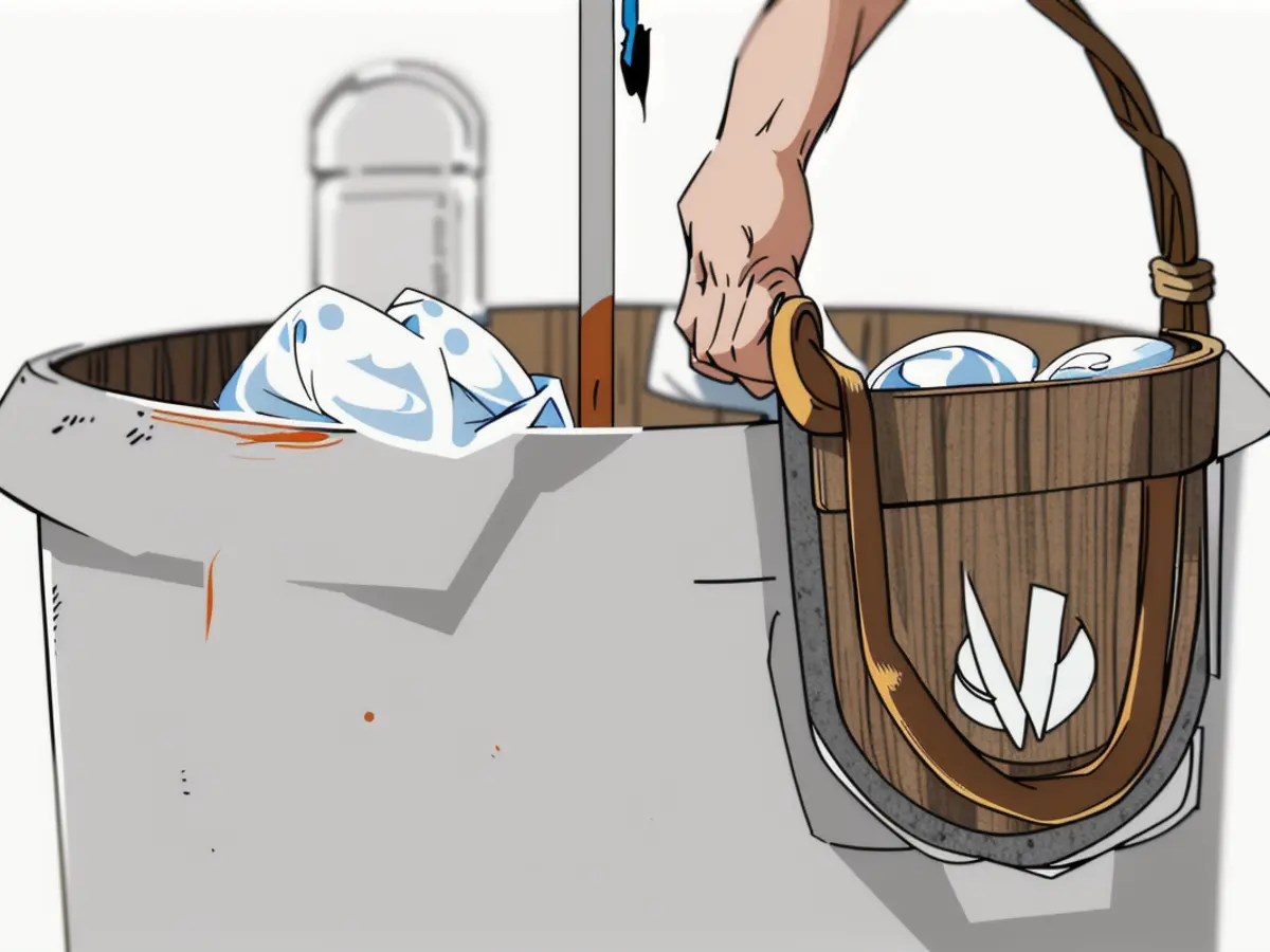 Kit containing a spray bottle, brush, and cloth housed in a white bucket with a wooden handle, all presented against a pristine white background. White-hued bucket equipped with a spray tool, brush, and fabric, showcased against a pristine background. The bucket sports a classic wooden handle.