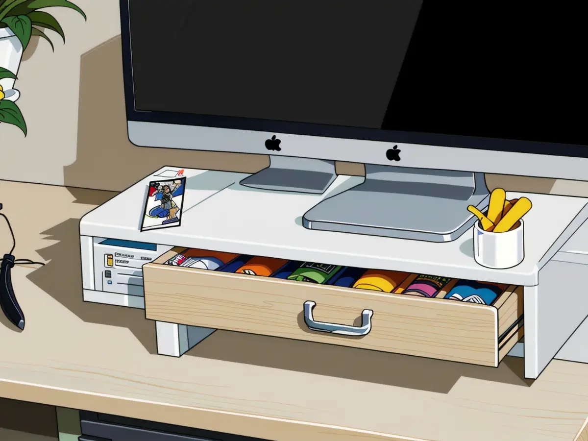 Desk setup showcasing a computer screen, keyboard, a potted plant, scissors in a holder, a tape dispenser, and a drawer located beneath the stand. Desk setup showcasing a computer screen, keyboard, desk plant, scissors in a wall-mounted holder, adhesive roll dispenser, and a drawer below the desk frame.