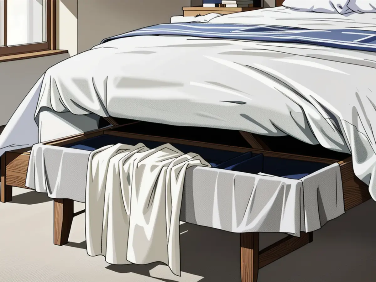 Storage bench with Ottoman design placed beneath a bed, revealing an organized white blanket within, in a warm and inviting bedroom ambience. Storage ottoman positioned at bed's base, revealing a tidily stacked white blanket within, in a warm, intimate bedroom atmosphere.