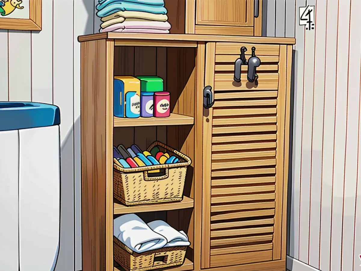 Unadorned bathroom corner highlighted by a bamboo cabinet. A bathroom's secluded corner housing a bamboo storage unit