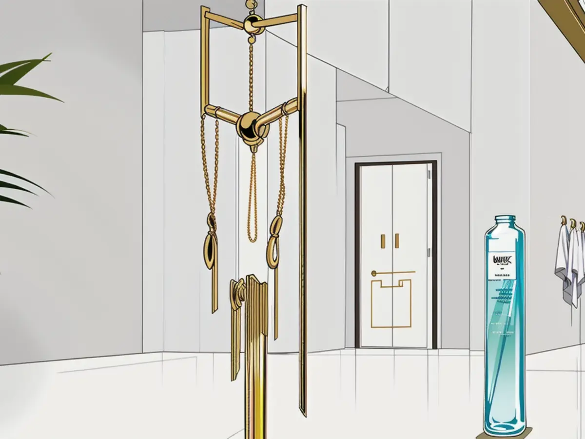 Bathroom counter adorned with jewelry: necklaces and earrings displayed. Bathroom counter hosts jewelry display, featuring necklaces and earrings.