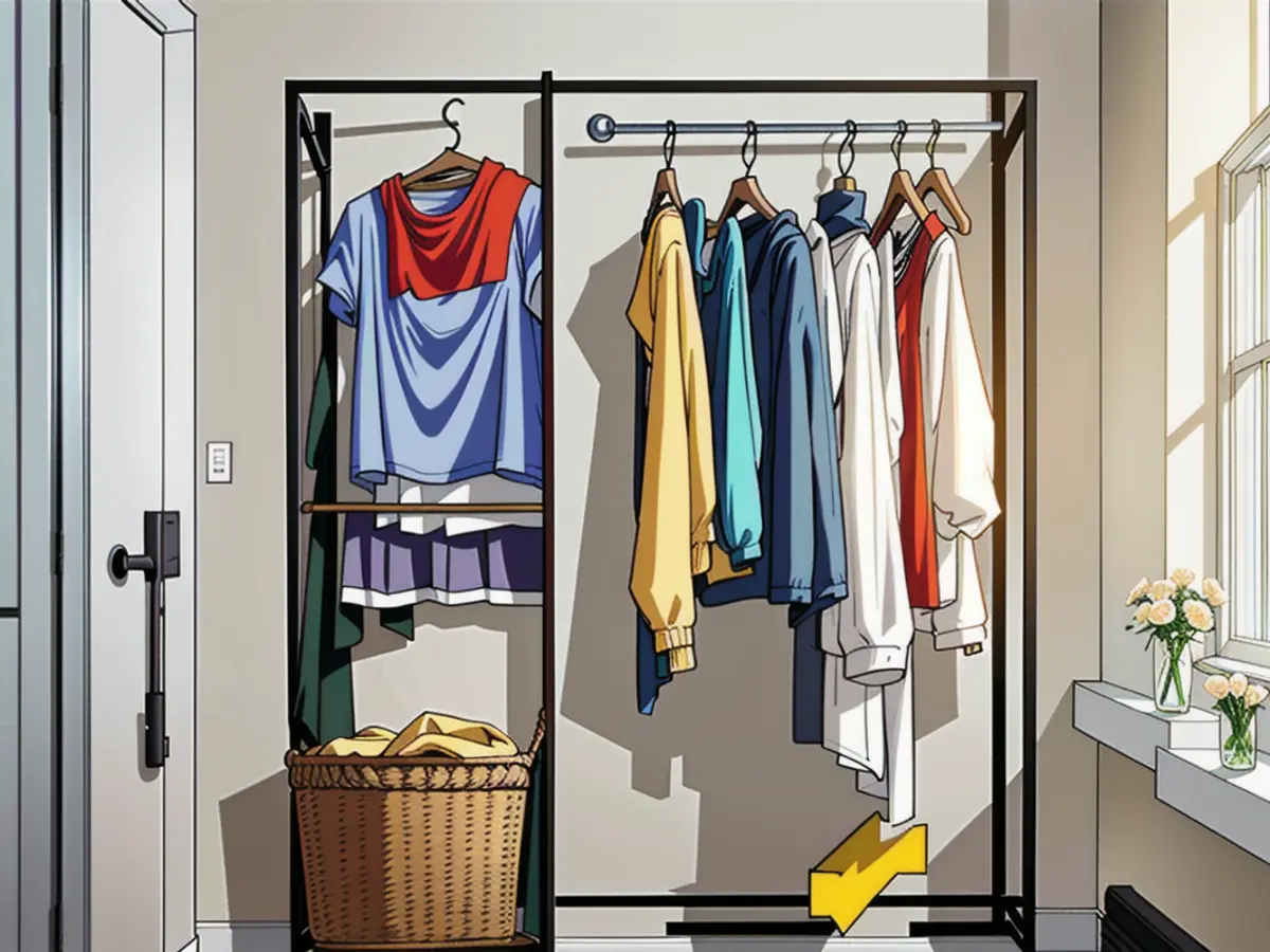 Sunlit room showcases a wardrobe filled with hanging garments, neatly folded clothes, placed hats, and a backpack resting at the wardrobe's base, with a basket nearby. Sunlit space exhibiting suspended garments, neatly arranged folds, tops cards on overhead shelves, and a sack residing at the floor's base, alongside a container. Light beams filter through a windowpane.