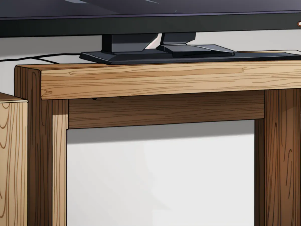 Monitor perched atop a wooden stand, complete with a cable management box in a clean, white finish beneath it. Monitor perched on a wooden stand, featuring a computer screen and a neat white cable organizer beneath.