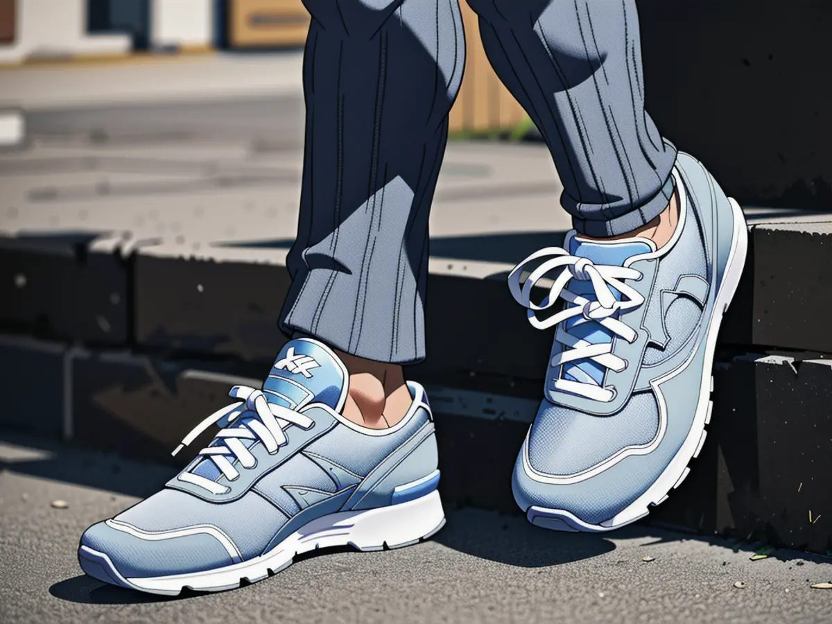 Evaluating footwear in a dual-tone gray and white design Critic testing out the gray-and-white style of the sneakers