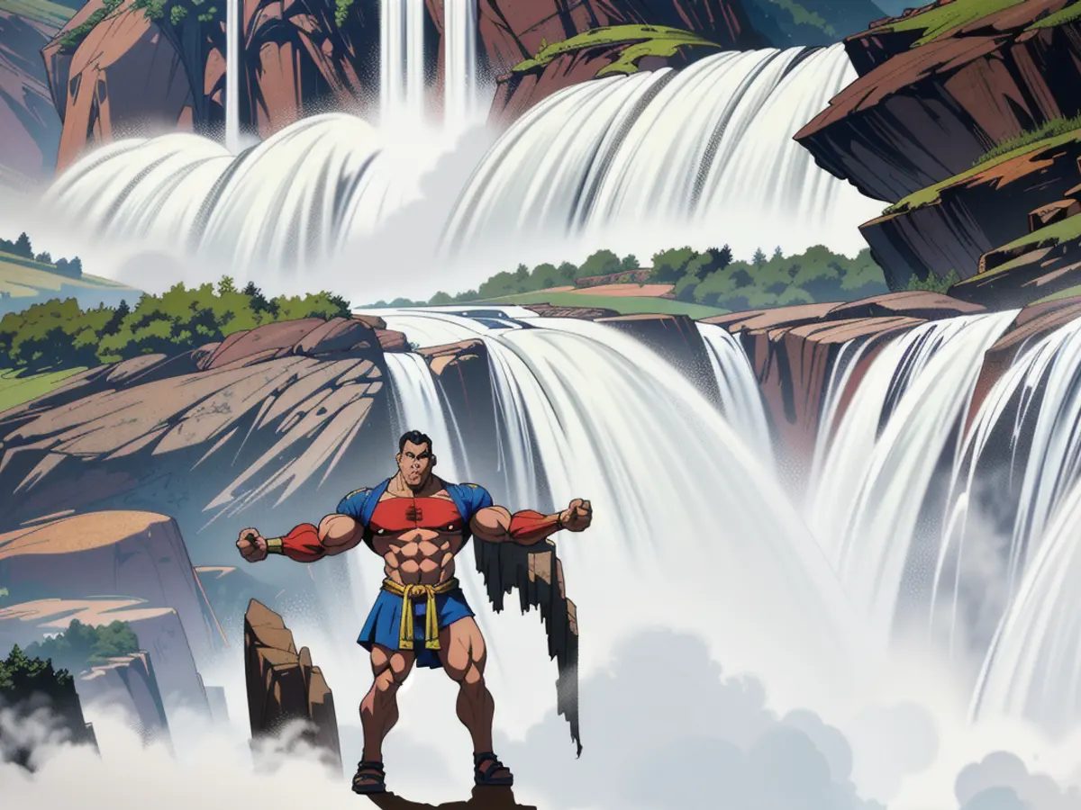 Hiker donning sandals ventures near a cascading waterfall during their expedition Hiker donning sandals takes a trip near a cascading waterfall