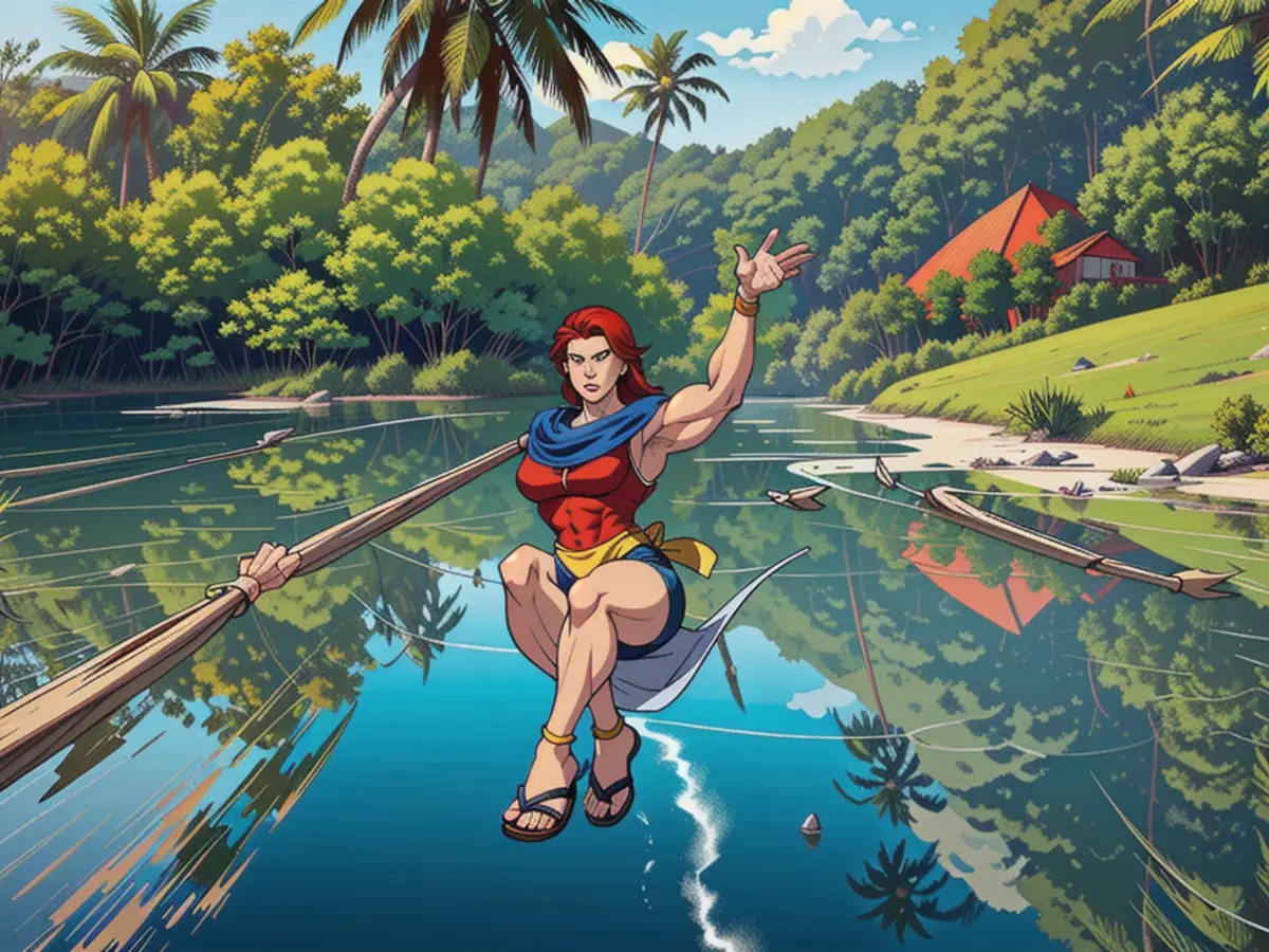 Reviewer Waiving in Boat on Tropical Lake, Clad in Red Sandals Reviewer sporting red wedge sandals enthusiastically waves from boat navigating tropical lake